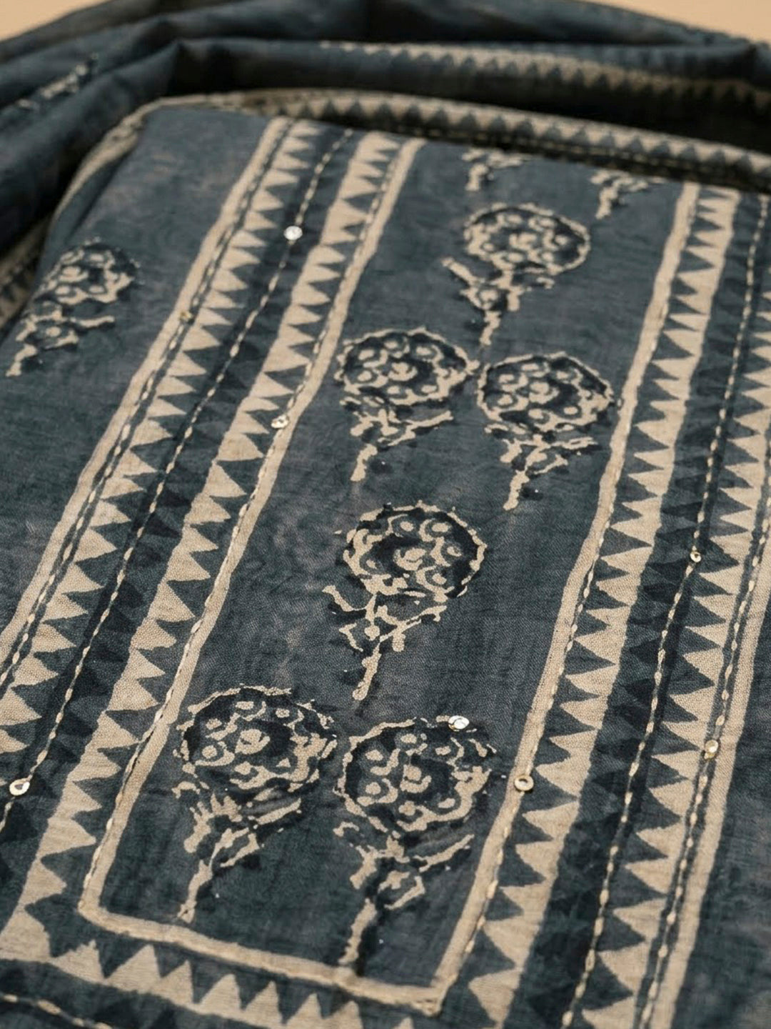 Grey Chanderi Printed Unstitched Dress Material