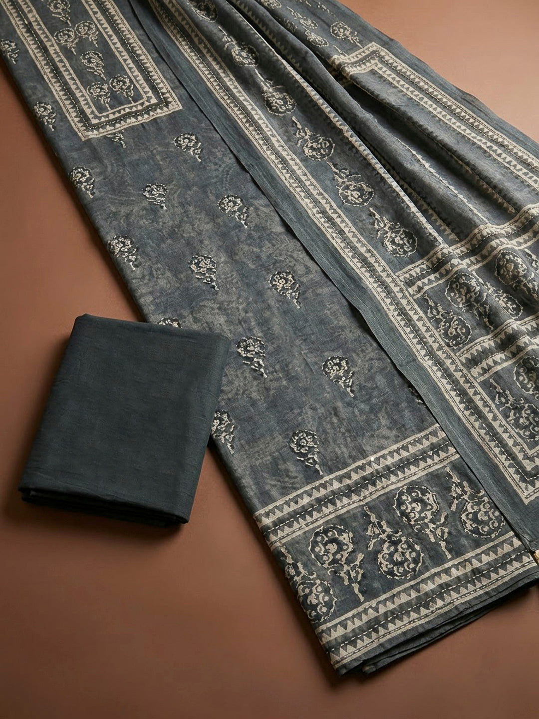 Grey Chanderi Printed Unstitched Dress Material