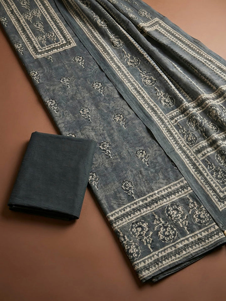 Grey Chanderi Printed Unstitched Dress Material