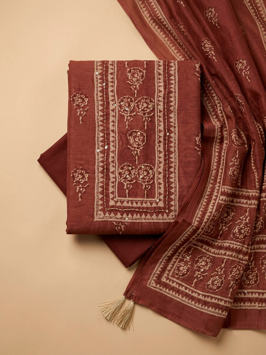 Maroon Chanderi Printed Unstitched Dress Material