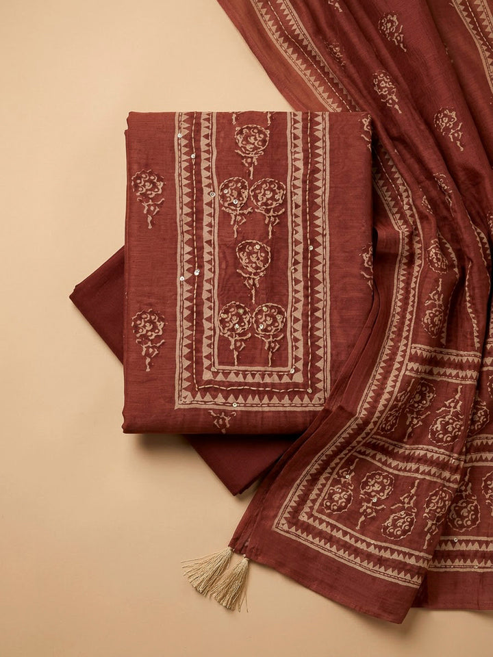 Maroon Chanderi Printed Unstitched Dress Material