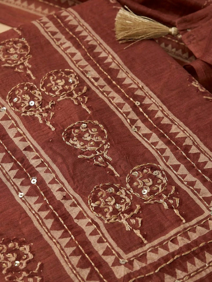 Maroon Chanderi Printed Unstitched Dress Material