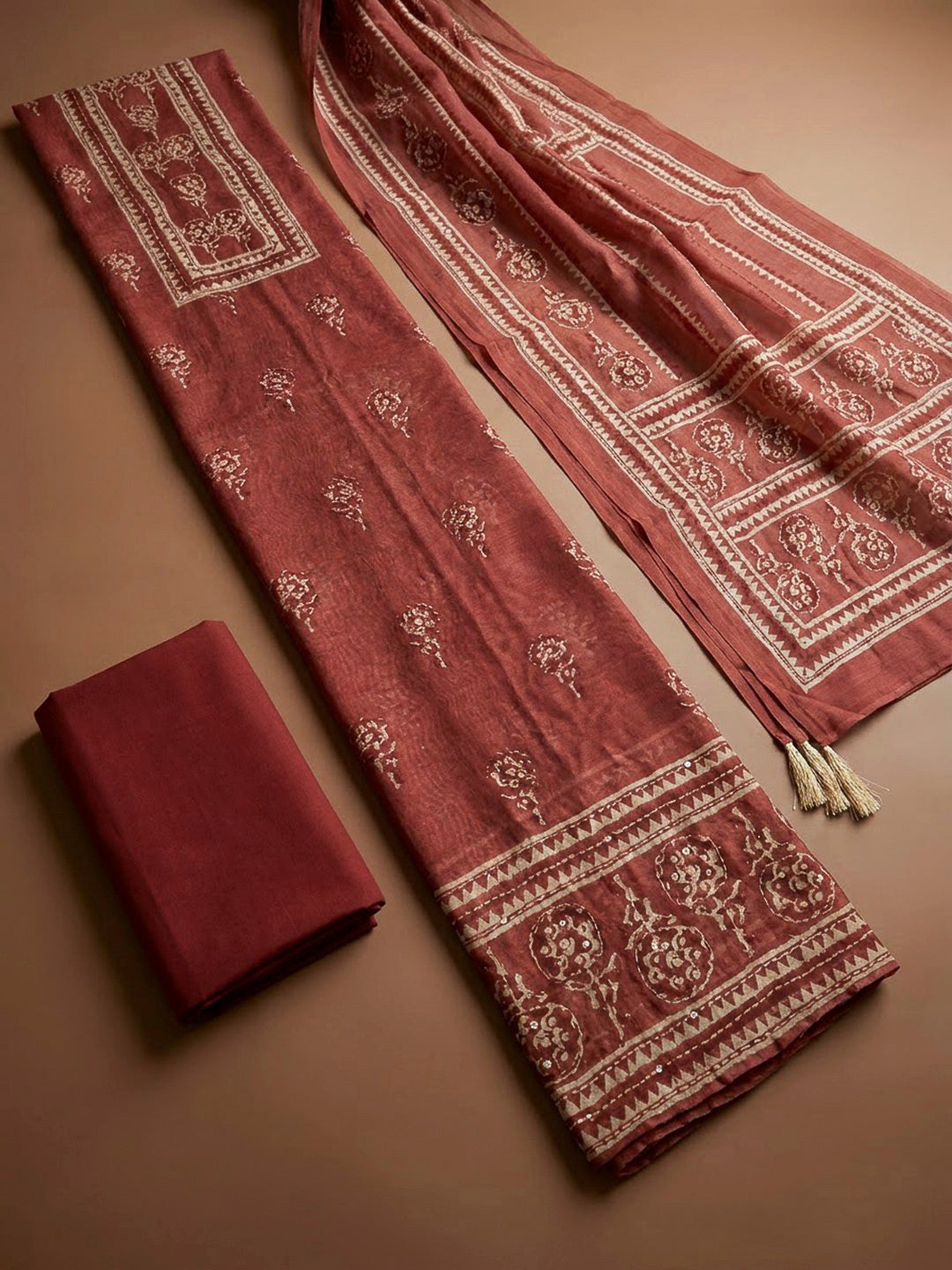 Maroon Chanderi Printed Unstitched Dress Material