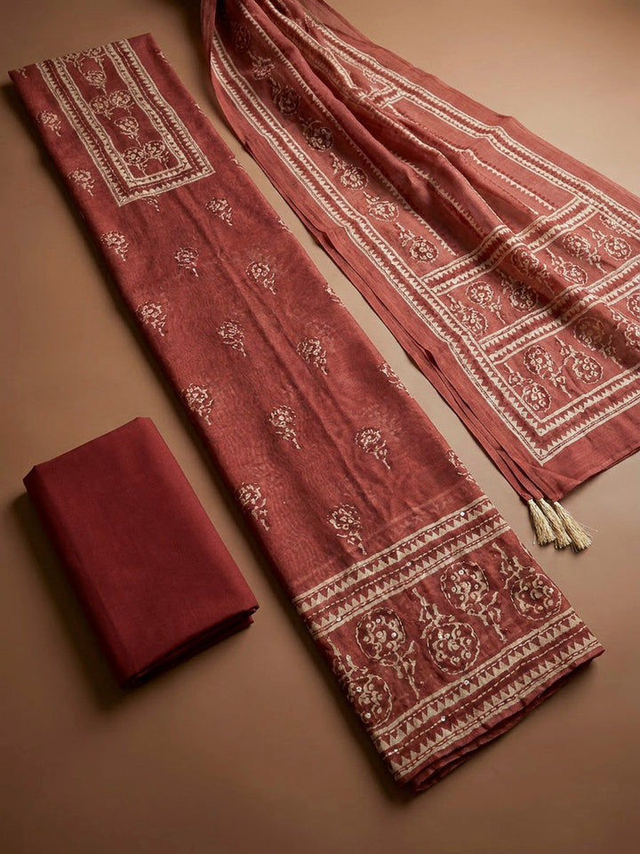 Maroon Chanderi Printed Unstitched Dress Material
