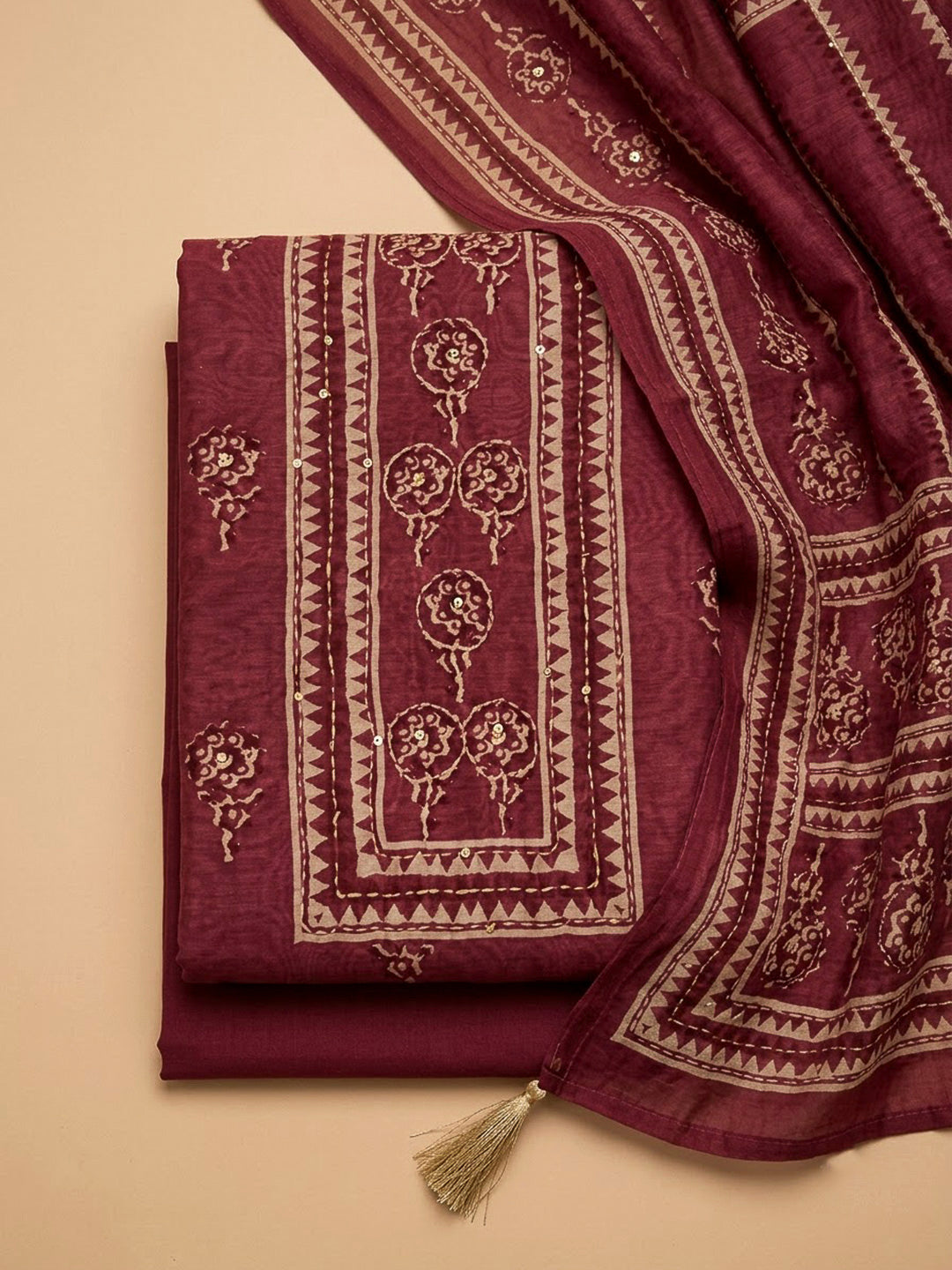Onion Pink Chanderi Printed Unstitched Dress Material