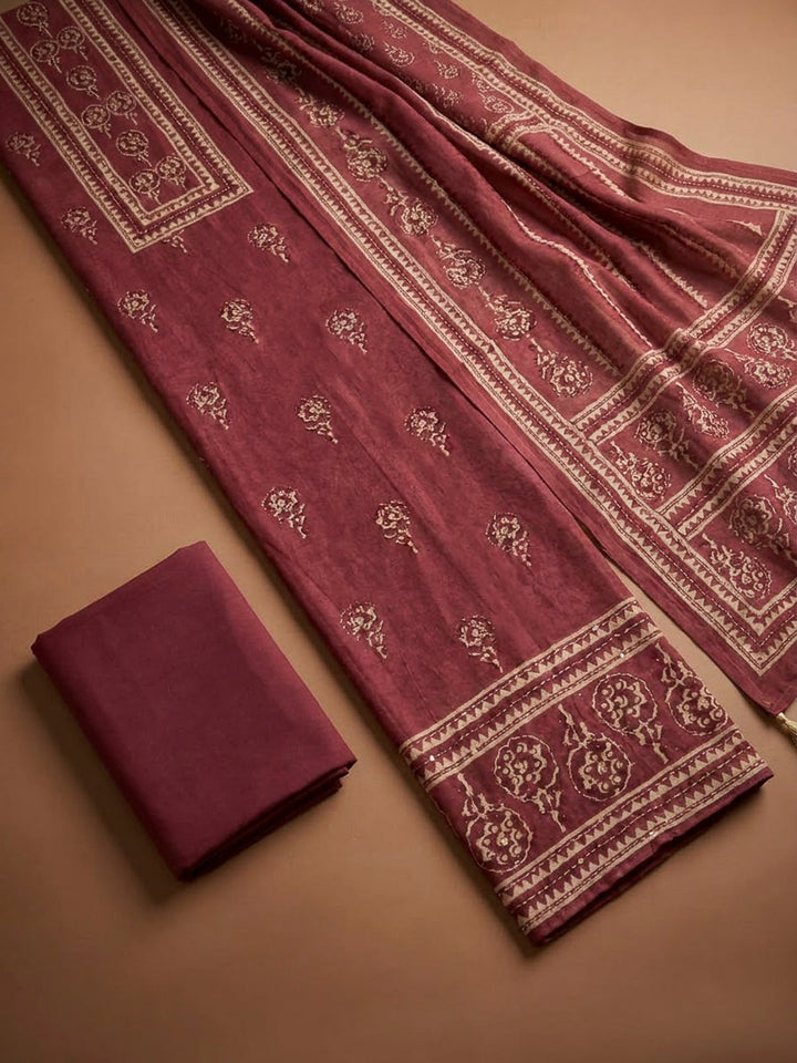 Onion Pink Chanderi Printed Unstitched Dress Material
