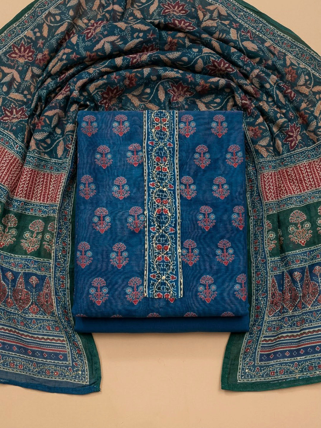 Blue Chanderi Printed Unstitched Dress Material