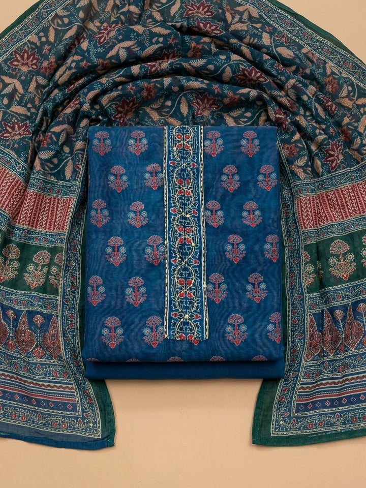 Blue Chanderi Printed Unstitched Dress Material