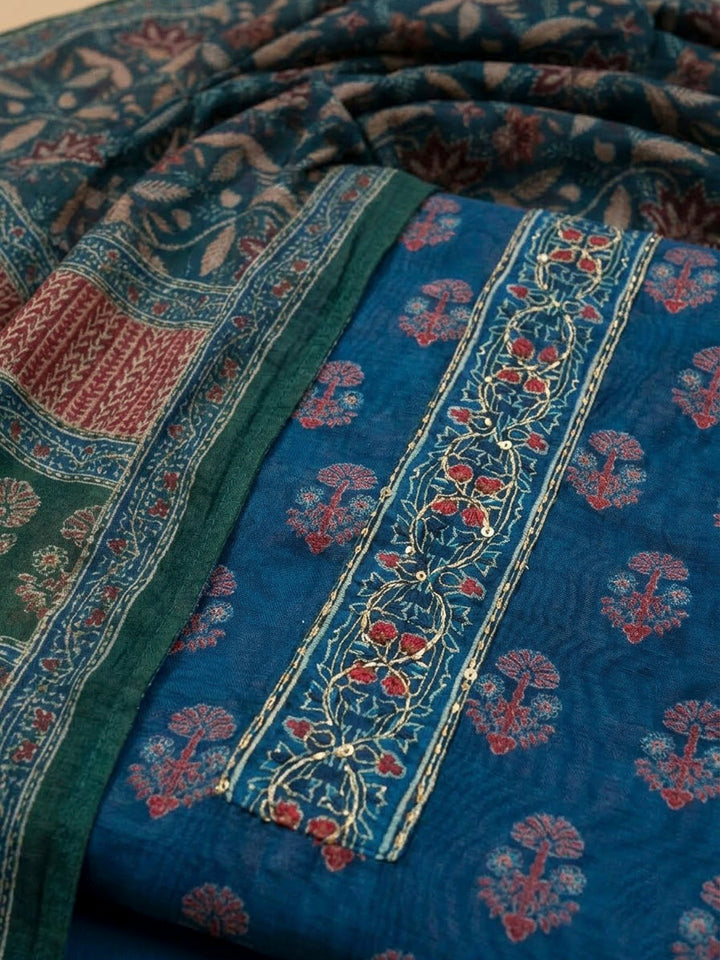 Blue Chanderi Printed Unstitched Dress Material