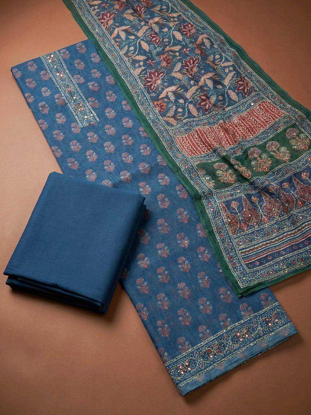 Blue Chanderi Printed Unstitched Dress Material