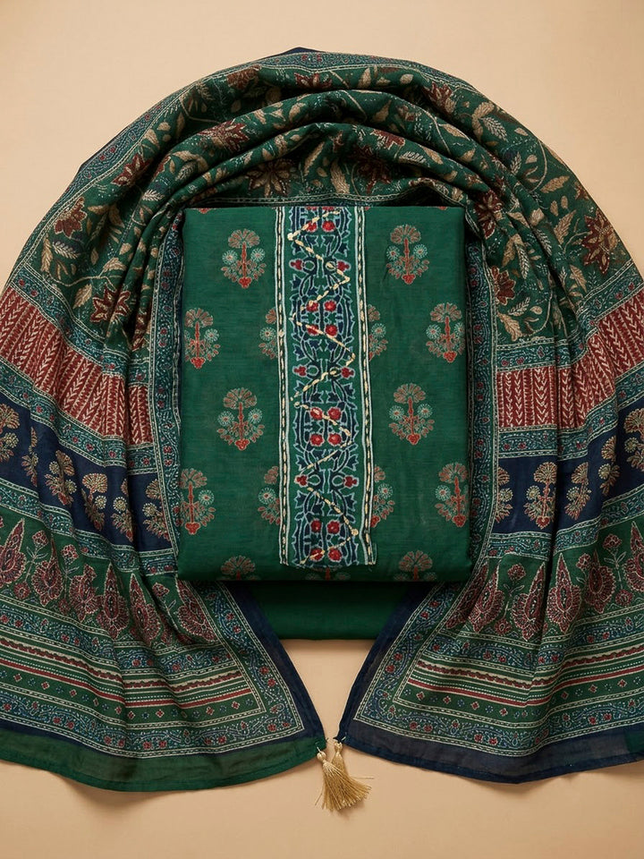 Bottle Green Chanderi Printed Unstitched Dress Material