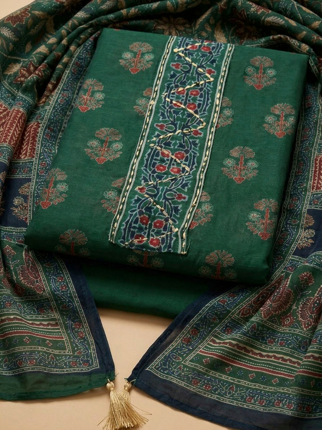 Bottle Green Chanderi Printed Unstitched Dress Material