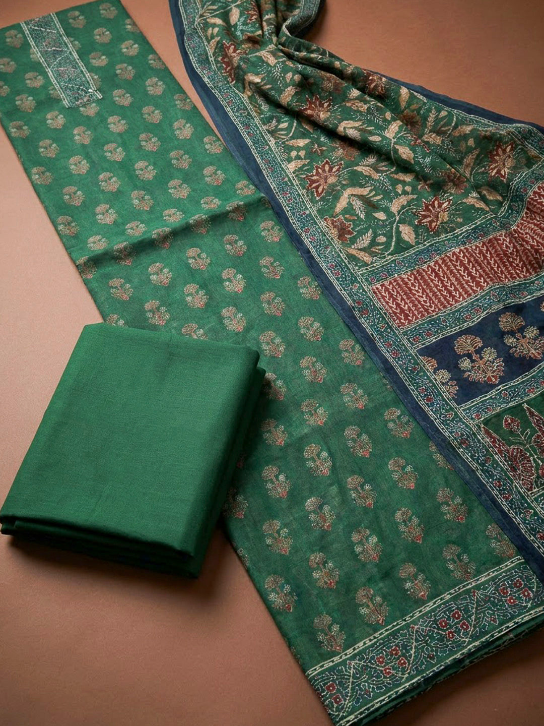 Bottle Green Chanderi Printed Unstitched Dress Material