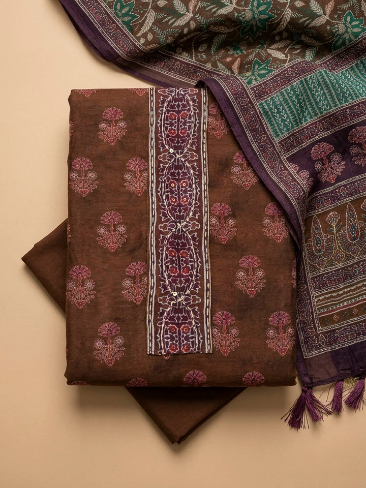 Brown Chanderi Printed Unstitched Dress Material
