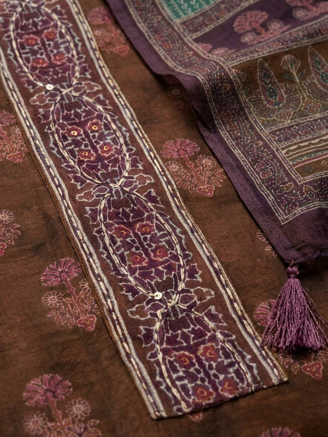 Brown Chanderi Printed Unstitched Dress Material