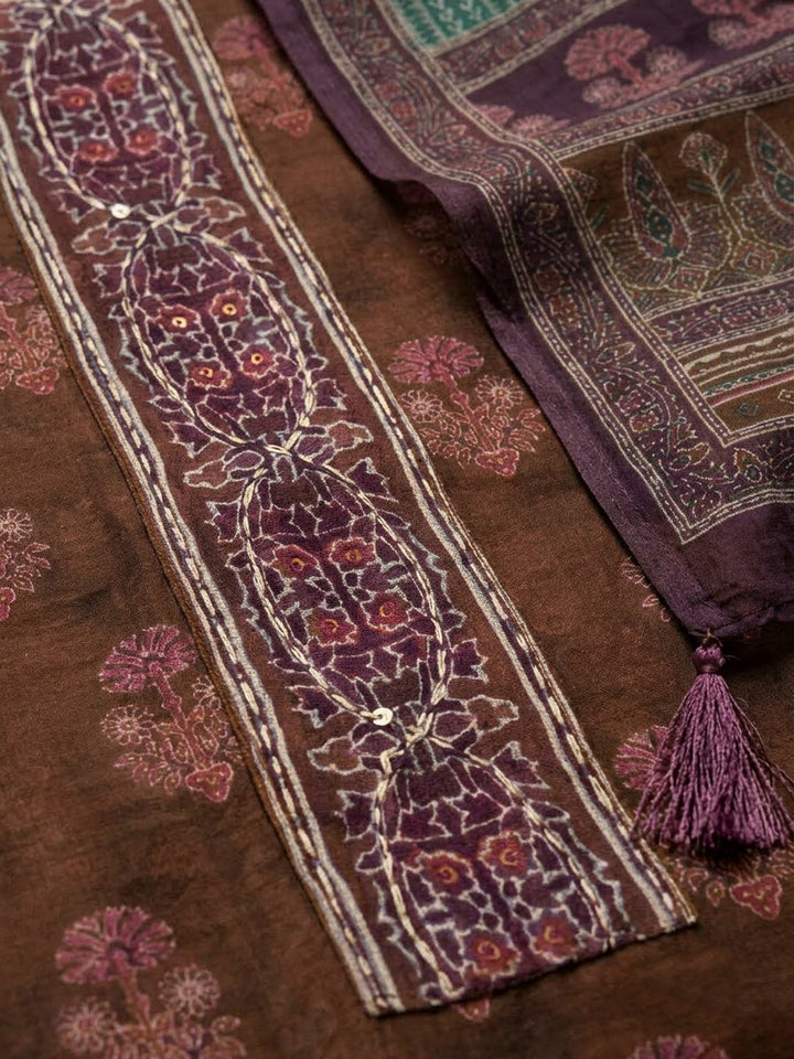 Brown Chanderi Printed Unstitched Dress Material