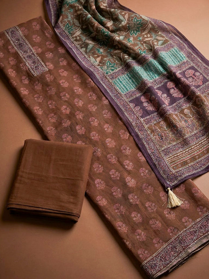 Brown Chanderi Printed Unstitched Dress Material
