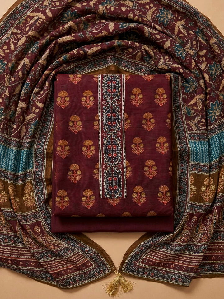 Wine Chanderi Printed Unstitched Dress Material