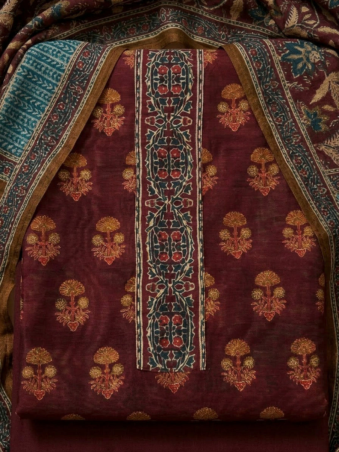 Wine Chanderi Printed Unstitched Dress Material