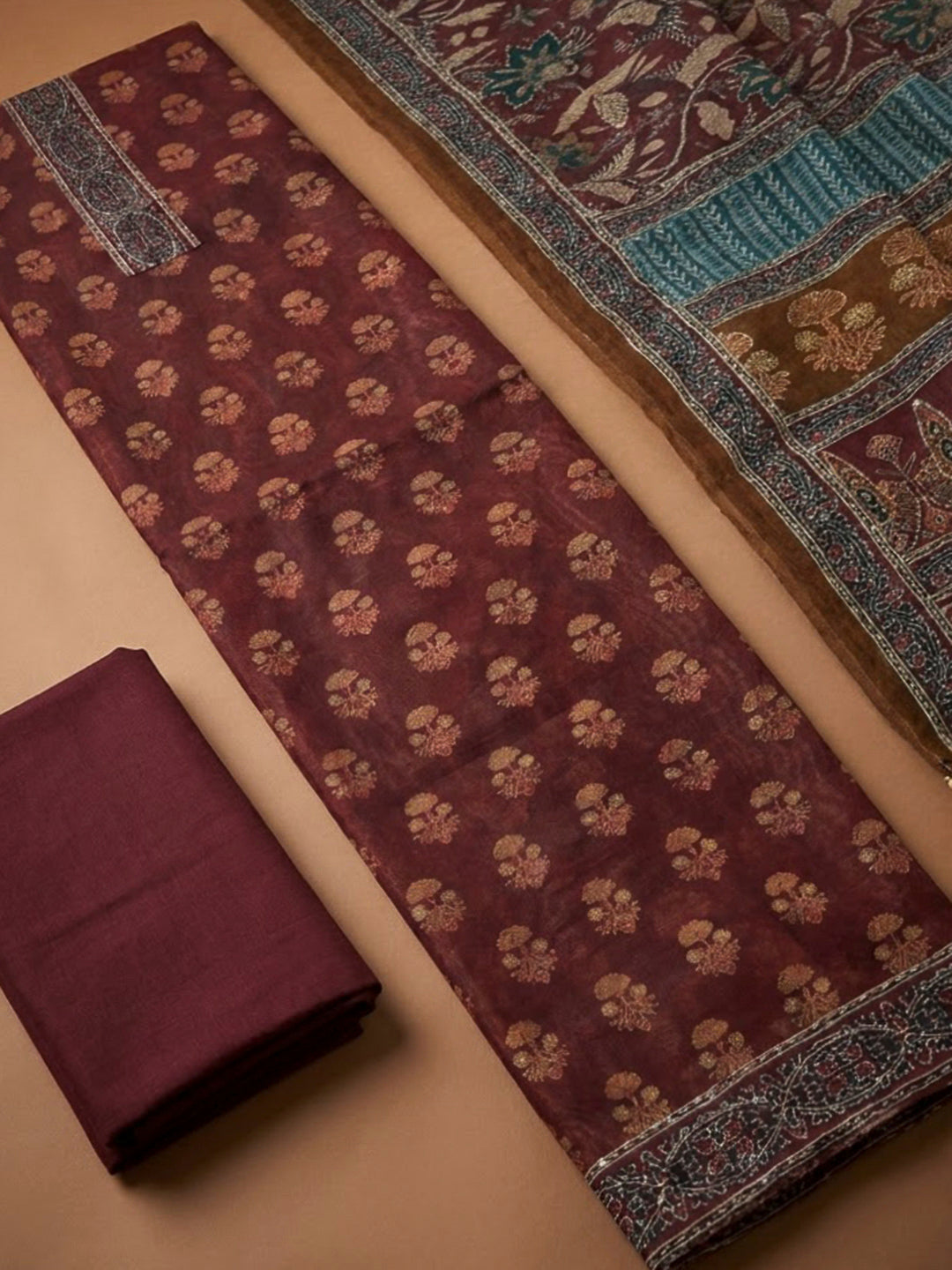 Wine Chanderi Printed Unstitched Dress Material