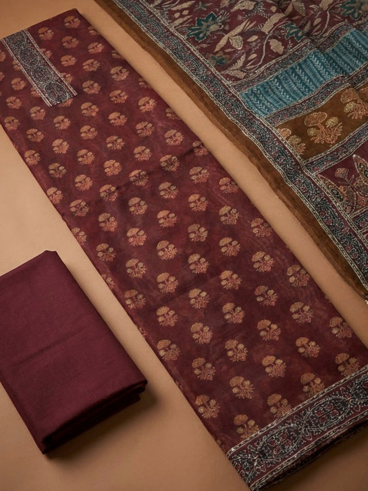 Wine Chanderi Printed Unstitched Dress Material