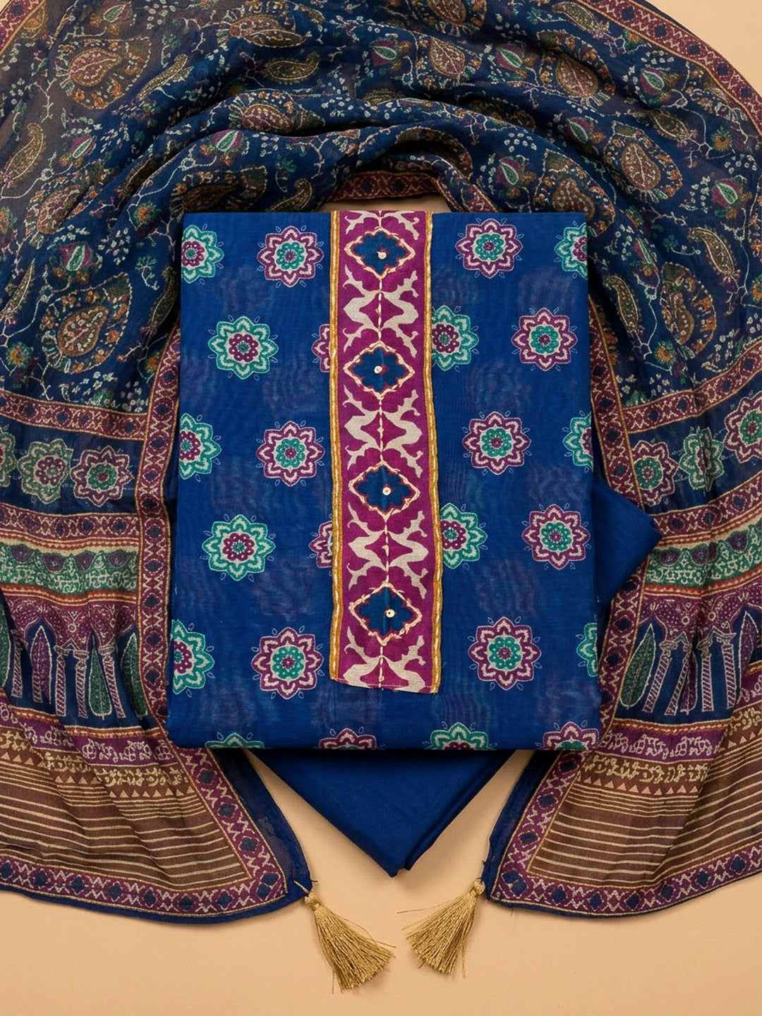 Blue Chanderi Printed Unstitched Dress Material