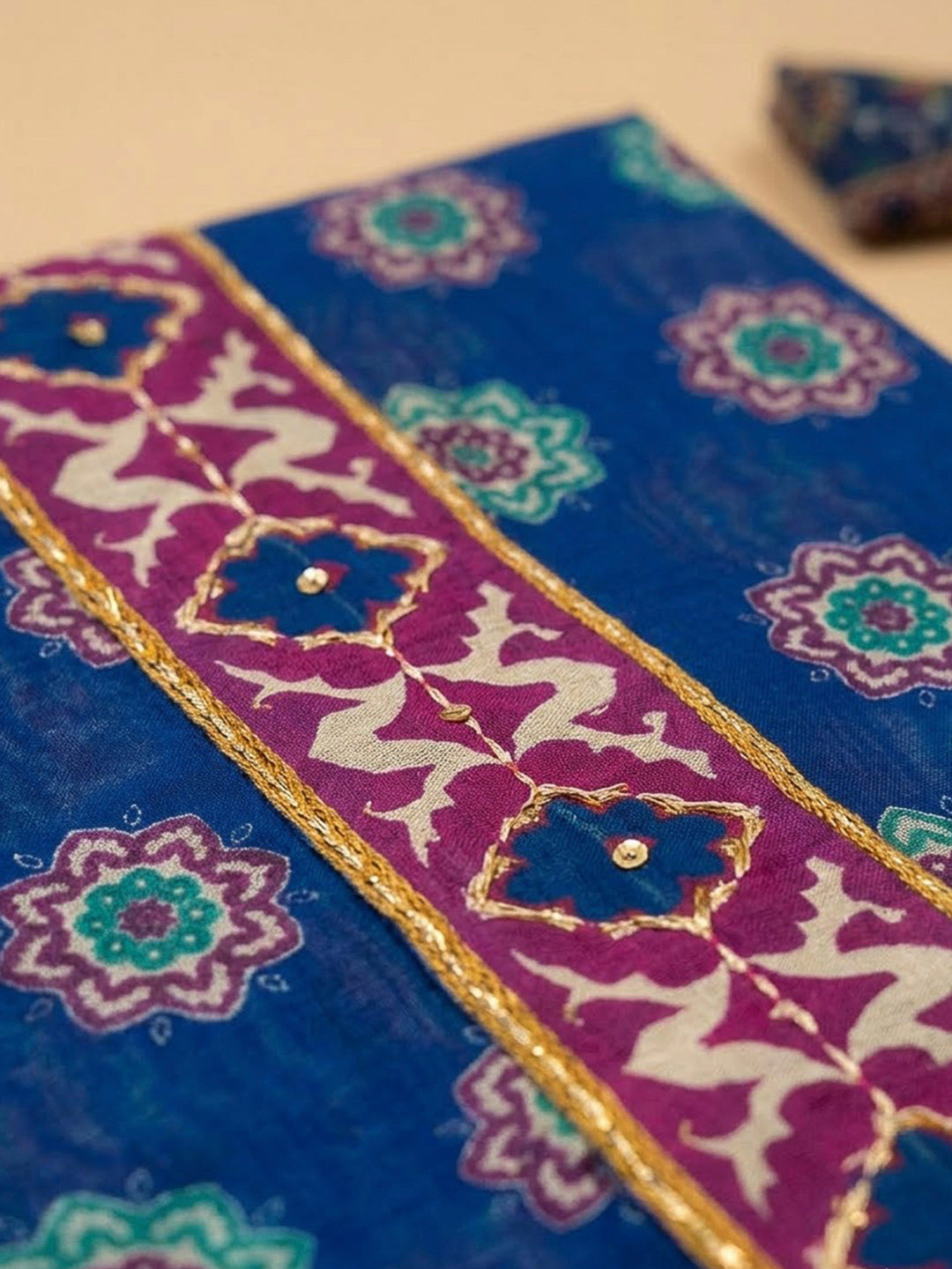 Blue Chanderi Printed Unstitched Dress Material