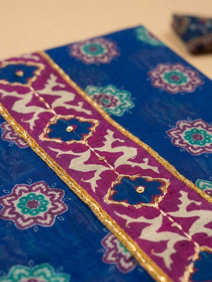 Blue Chanderi Printed Unstitched Dress Material