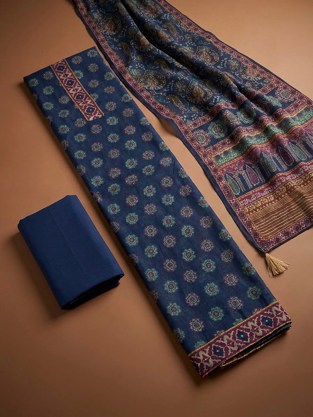 Blue Chanderi Printed Unstitched Dress Material