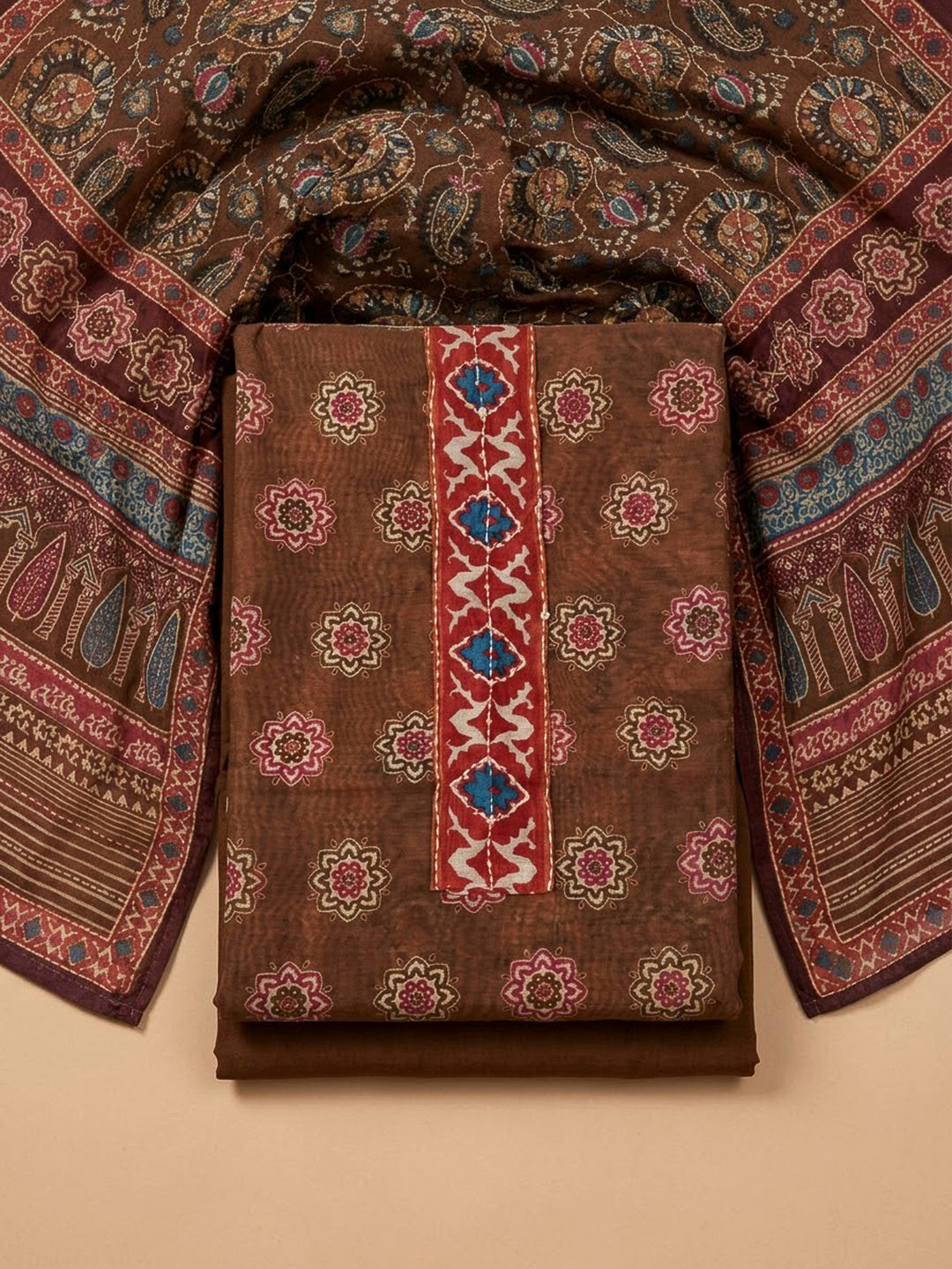 Brown Chanderi Printed Unstitched Dress Material