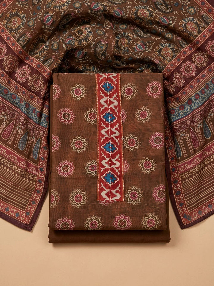 Brown Chanderi Printed Unstitched Dress Material
