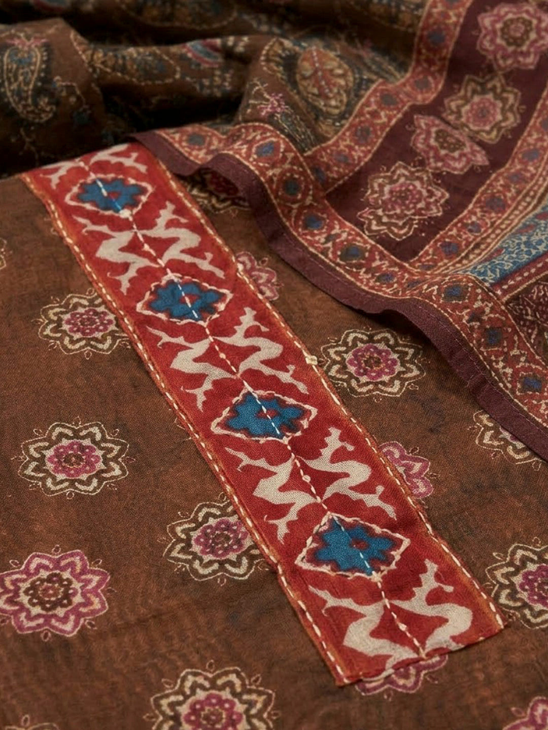 Brown Chanderi Printed Unstitched Dress Material