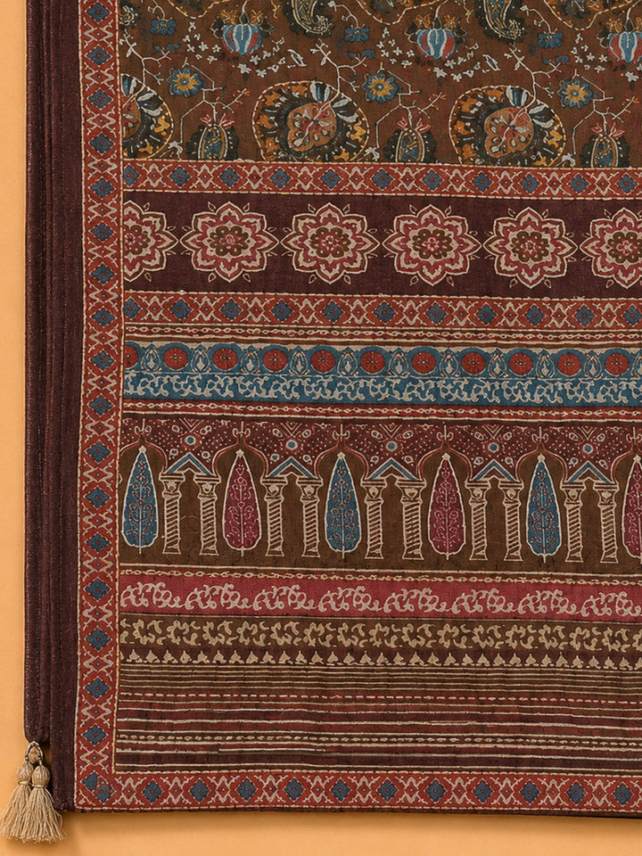 Brown Chanderi Printed Unstitched Dress Material