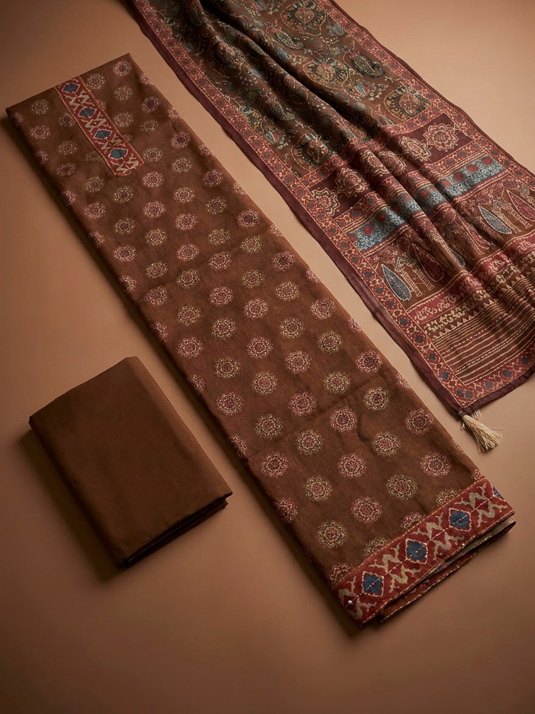 Brown Chanderi Printed Unstitched Dress Material