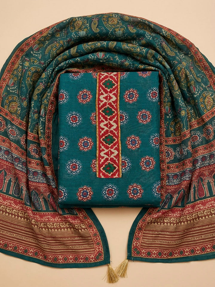 Teal Blue Chanderi Printed Unstitched Dress Material