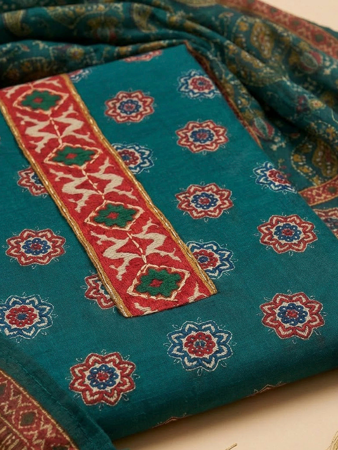 Teal Blue Chanderi Printed Unstitched Dress Material