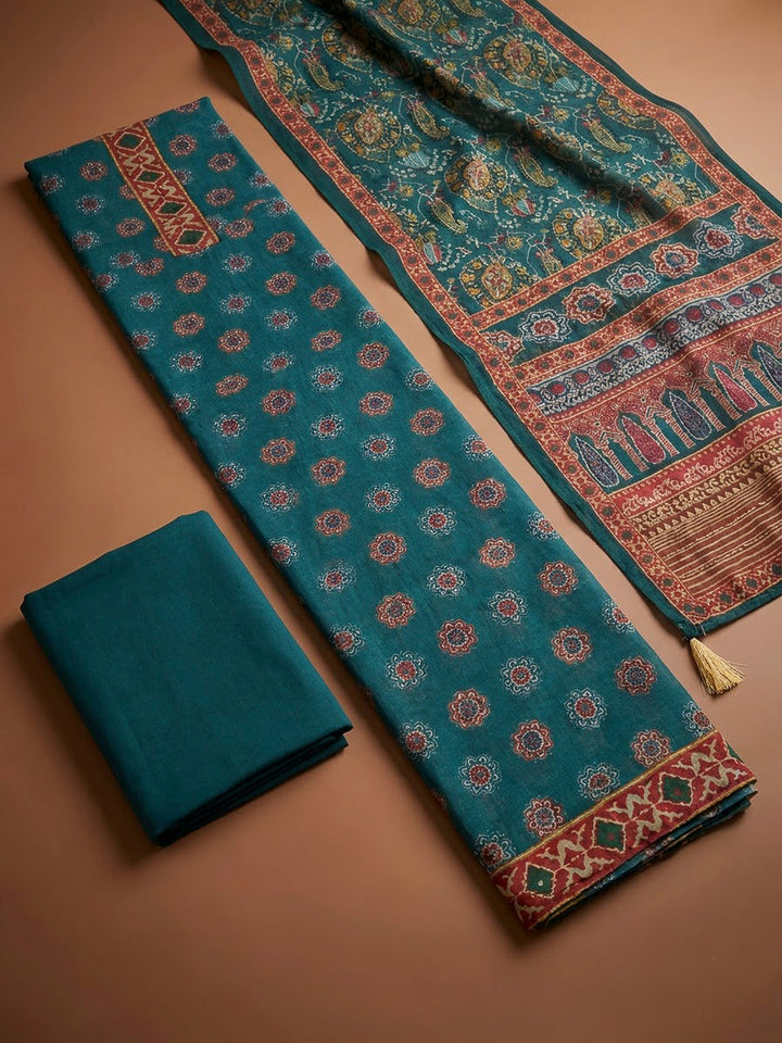 Teal Blue Chanderi Printed Unstitched Dress Material