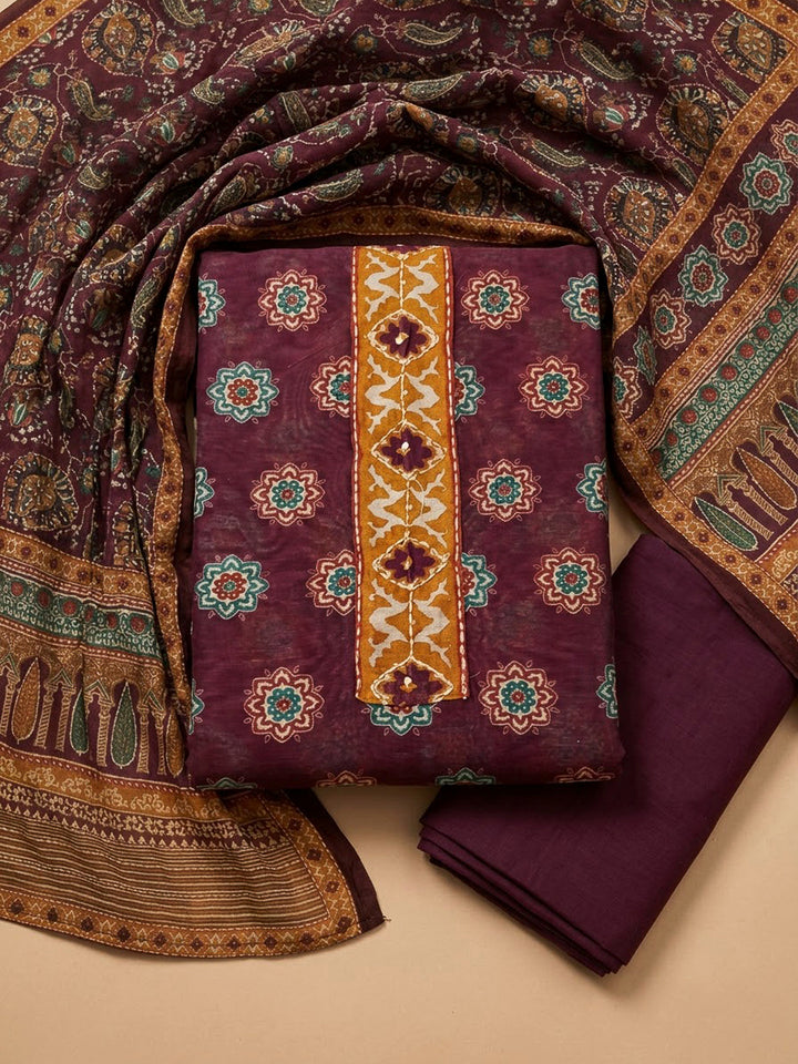 Wine Chanderi Printed Unstitched Dress Material
