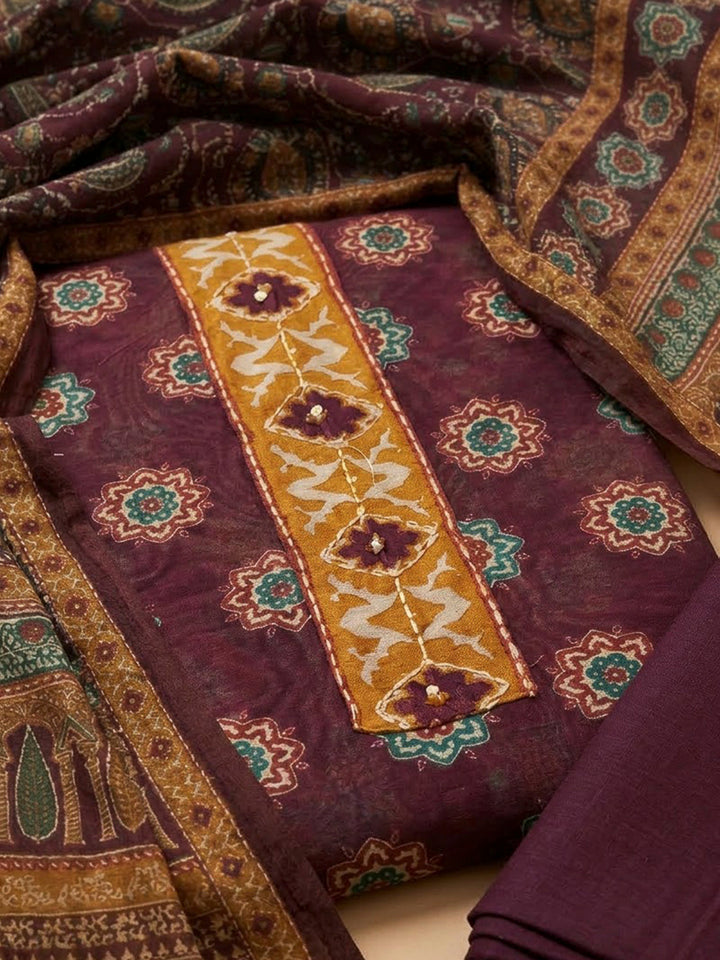 Wine Chanderi Printed Unstitched Dress Material