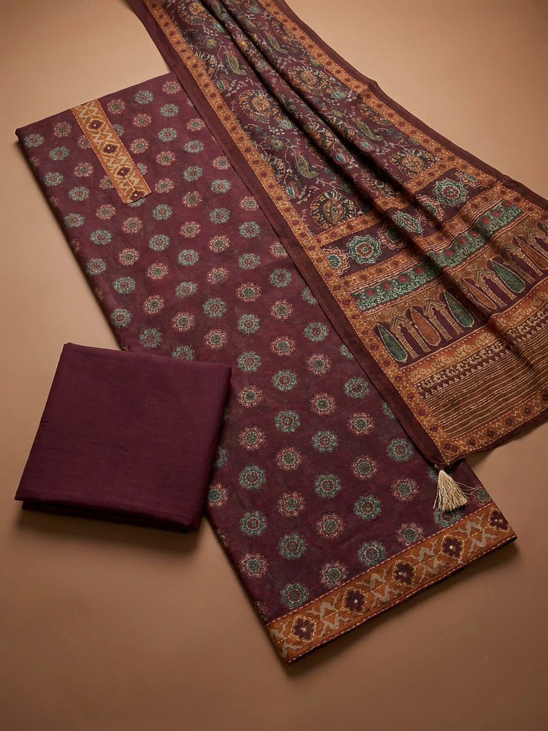 Wine Chanderi Printed Unstitched Dress Material
