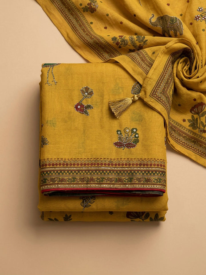 Mustard Chanderi Printed Unstitched Dress Material