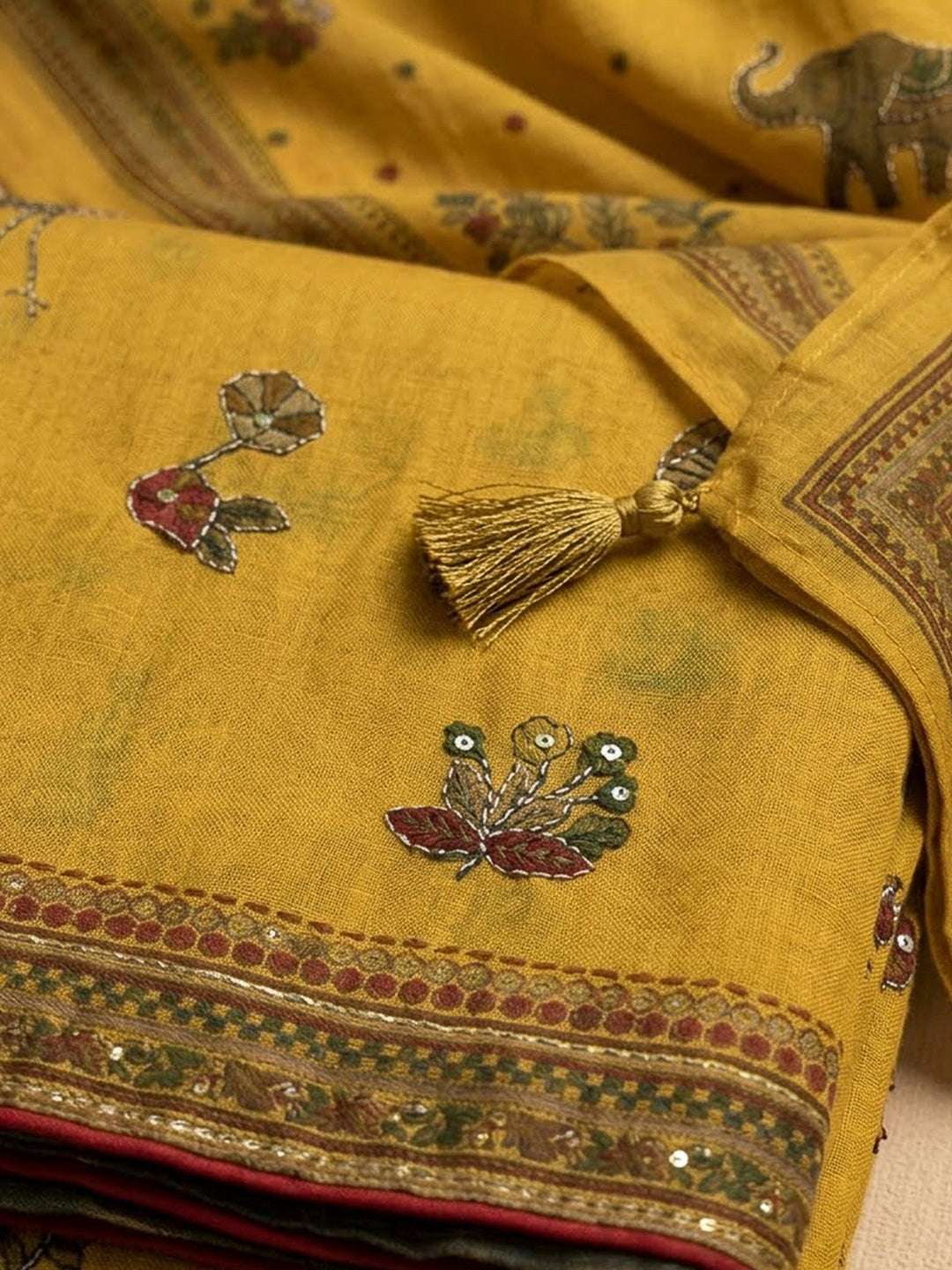Mustard Chanderi Printed Unstitched Dress Material