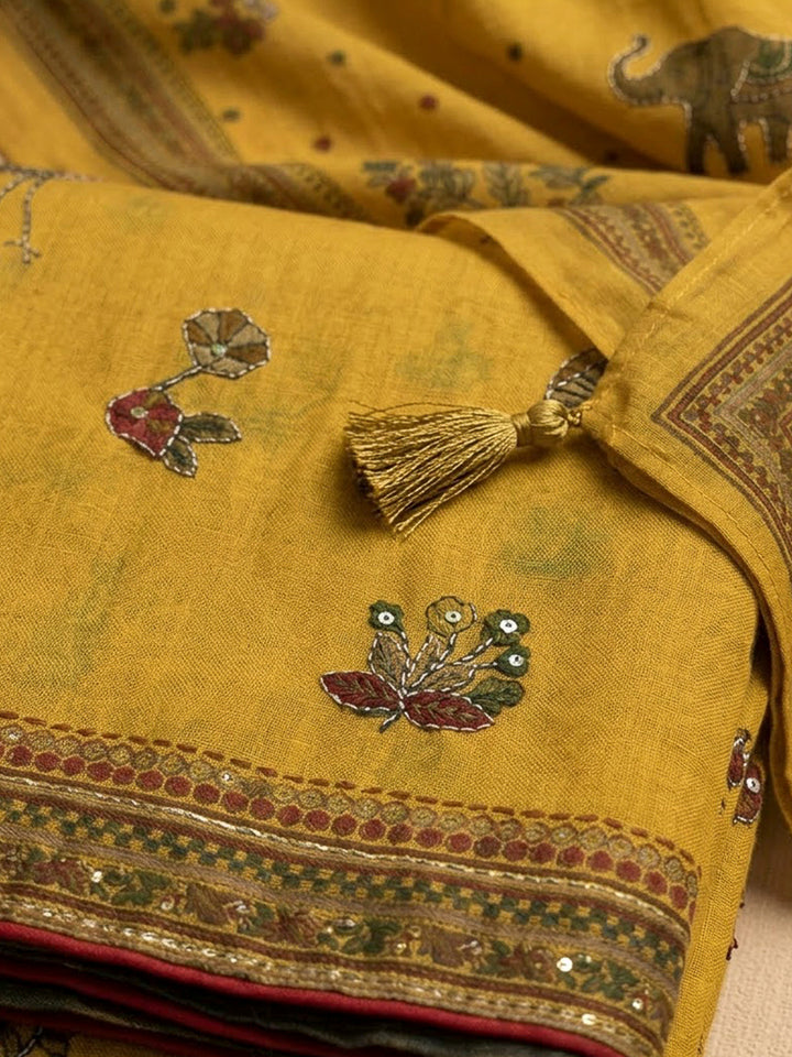 Mustard Chanderi Printed Unstitched Dress Material