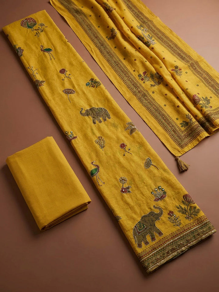 Mustard Chanderi Printed Unstitched Dress Material