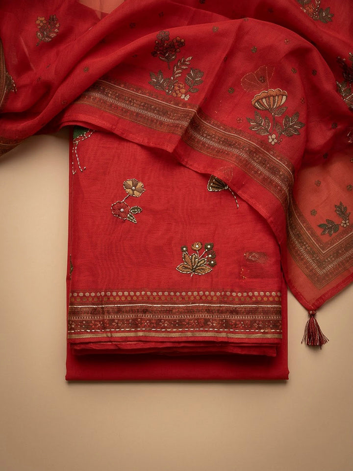 Red Chanderi Printed Unstitched Dress Material