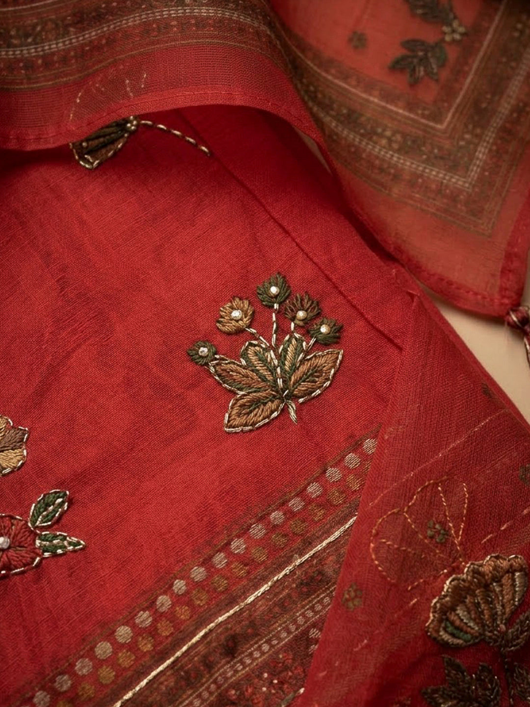 Red Chanderi Printed Unstitched Dress Material