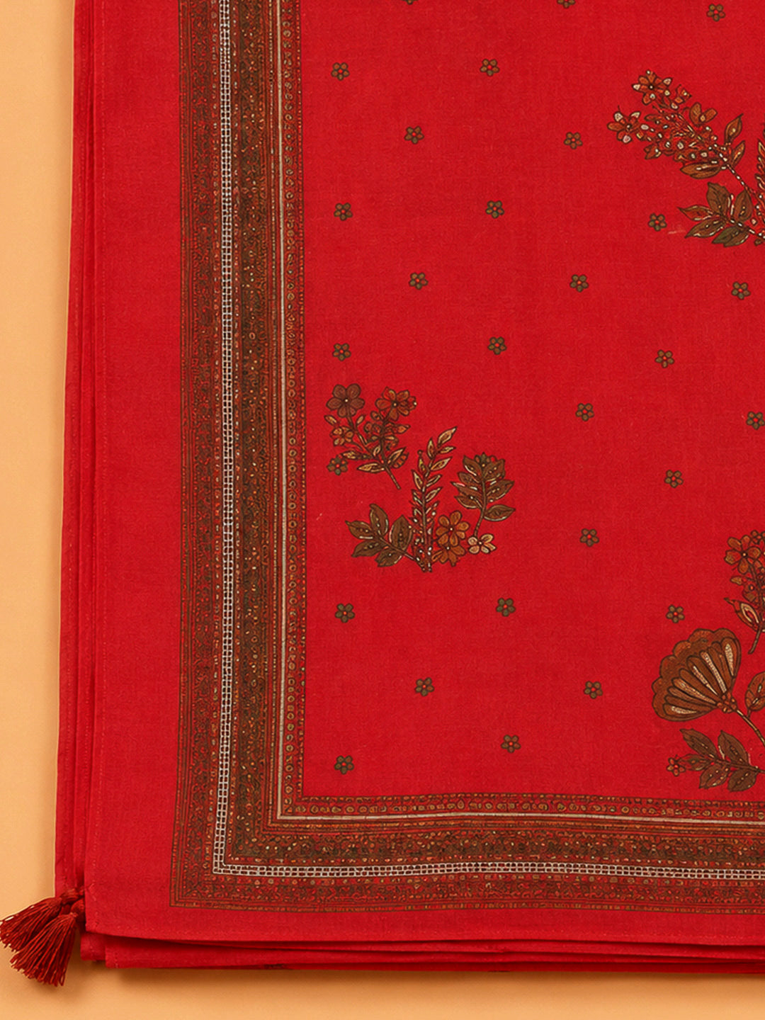 Red Chanderi Printed Unstitched Dress Material