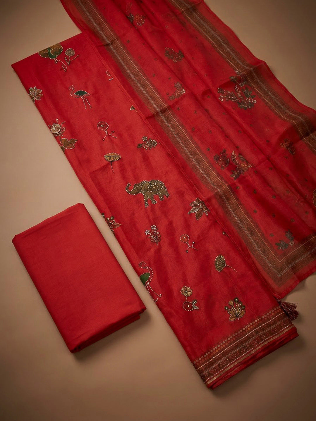 Red Chanderi Printed Unstitched Dress Material