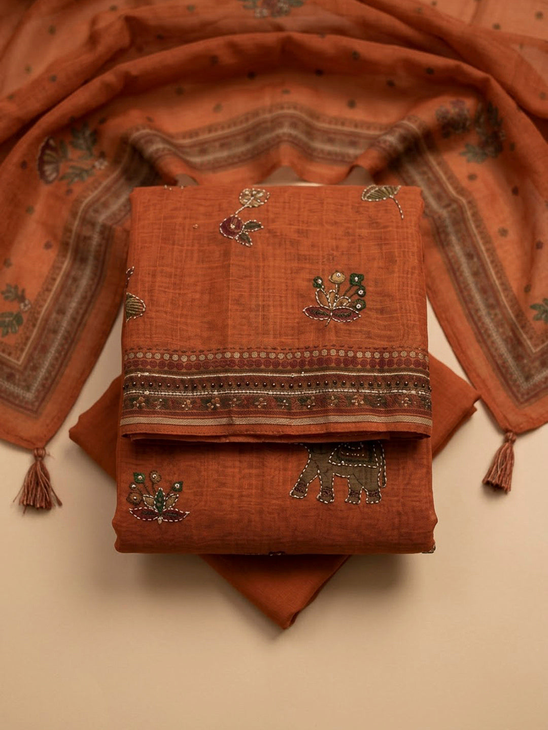 Rust Chanderi Printed Unstitched Dress Material