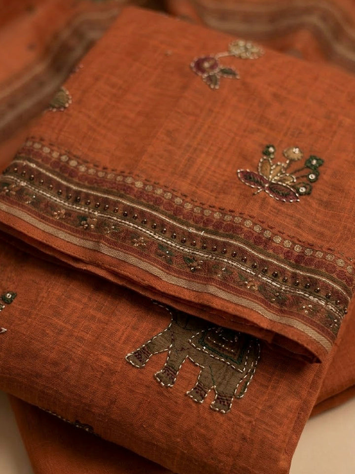 Rust Chanderi Printed Unstitched Dress Material